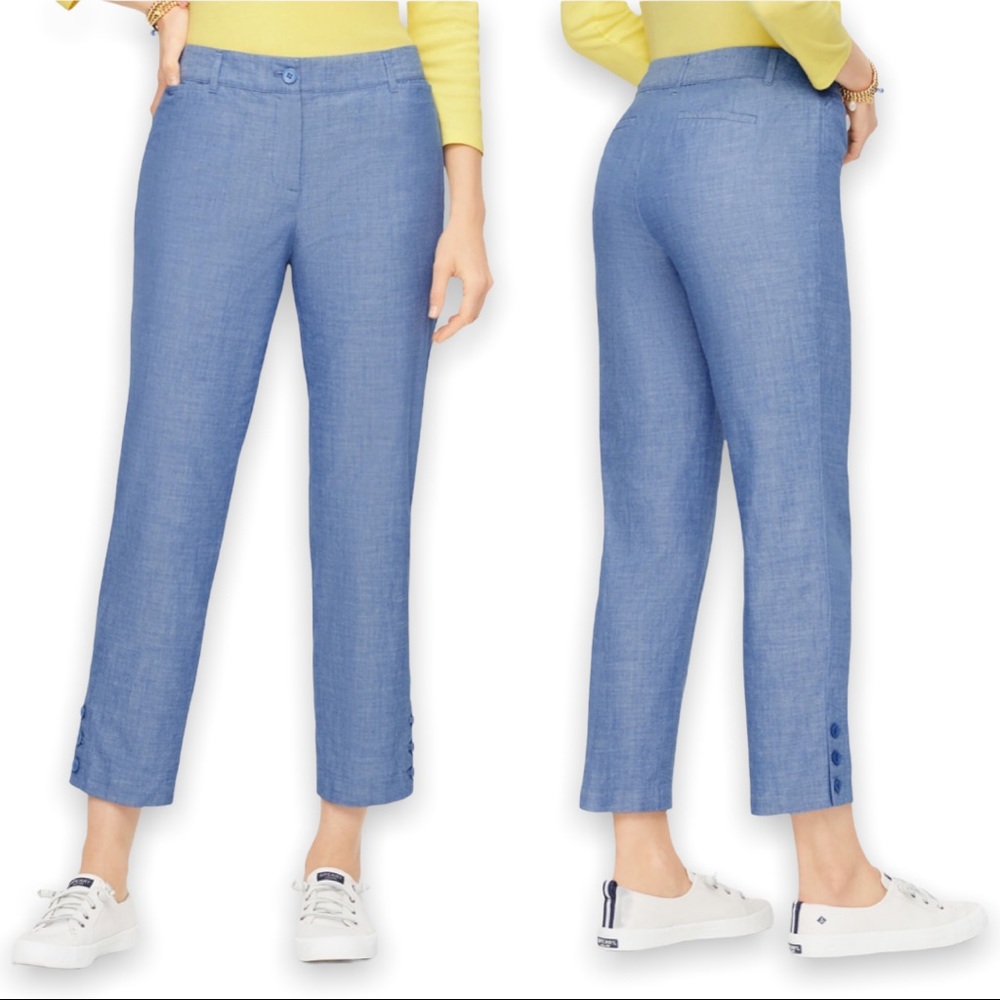 Talbots Perfect Crop Length Pants Light Blue Chambray Slim Leg Button Hem Sz 22w